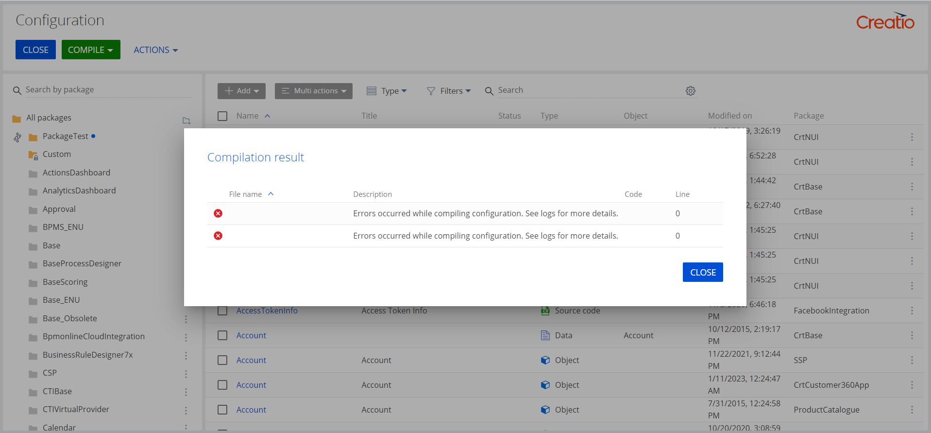 Problem while compiling packages Community Creatio